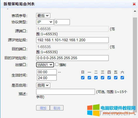 ���ò���·�ɣ�ʹ������Ñ�^(q��)��ͨ�^WAN1���ϾW(w��ng)���x��f(xi��)�h��͞�ip��ԴIP��ַ�Ό�192.168.1.101&mdash;192.168.1.200��Ŀ�ĵ�ַ��0.0.0.0-255.255.255.255�����ӿ��x��WAN1���Ƿ����x���ã����úú��c�����Ӽ��ɡ�